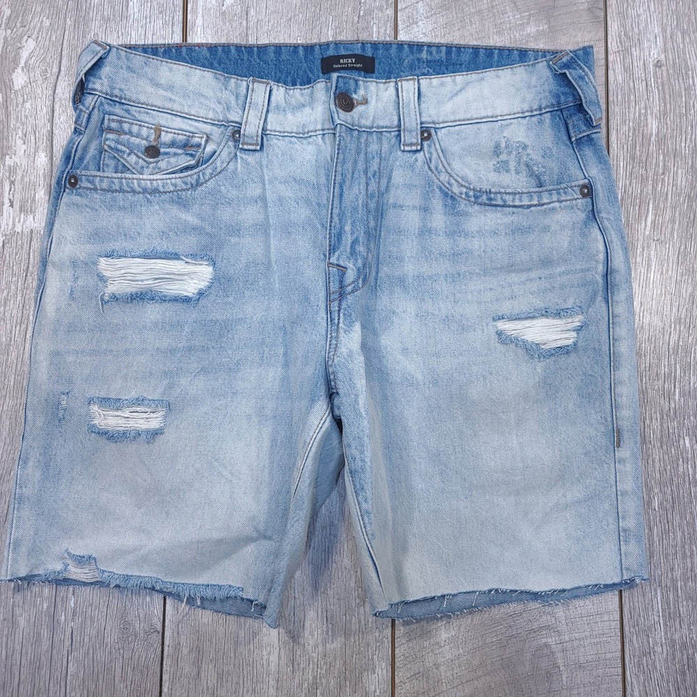 True Religion Ricky Denim Shorts Mens 38 Light Blue Distressed Cut Off Relaxed